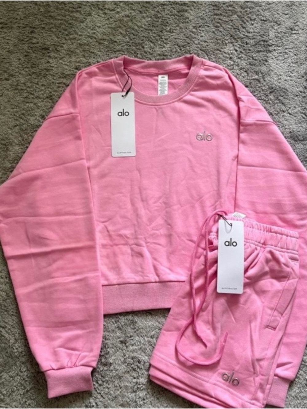 ALO Yoga Pink Set - Crewneck Sweatshirt & Shorts
